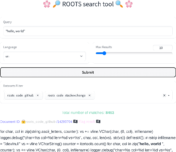 Figure 1 for The ROOTS Search Tool: Data Transparency for LLMs