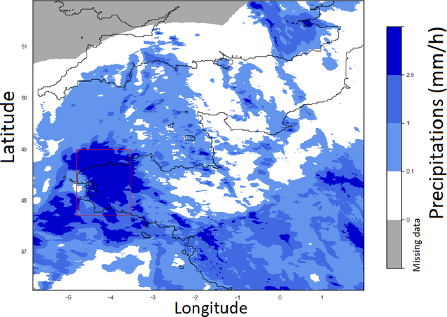 Figure 1 for Fusion of rain radar images and wind forecasts in a deep learning model applied to rain nowcasting